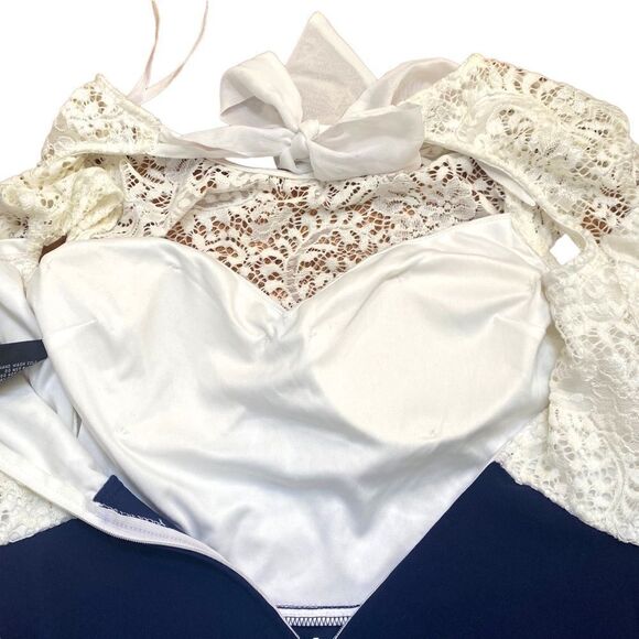 B. Darlin Fit and Flare Ivory Lace and Navy Dress - Picture 8 of 12